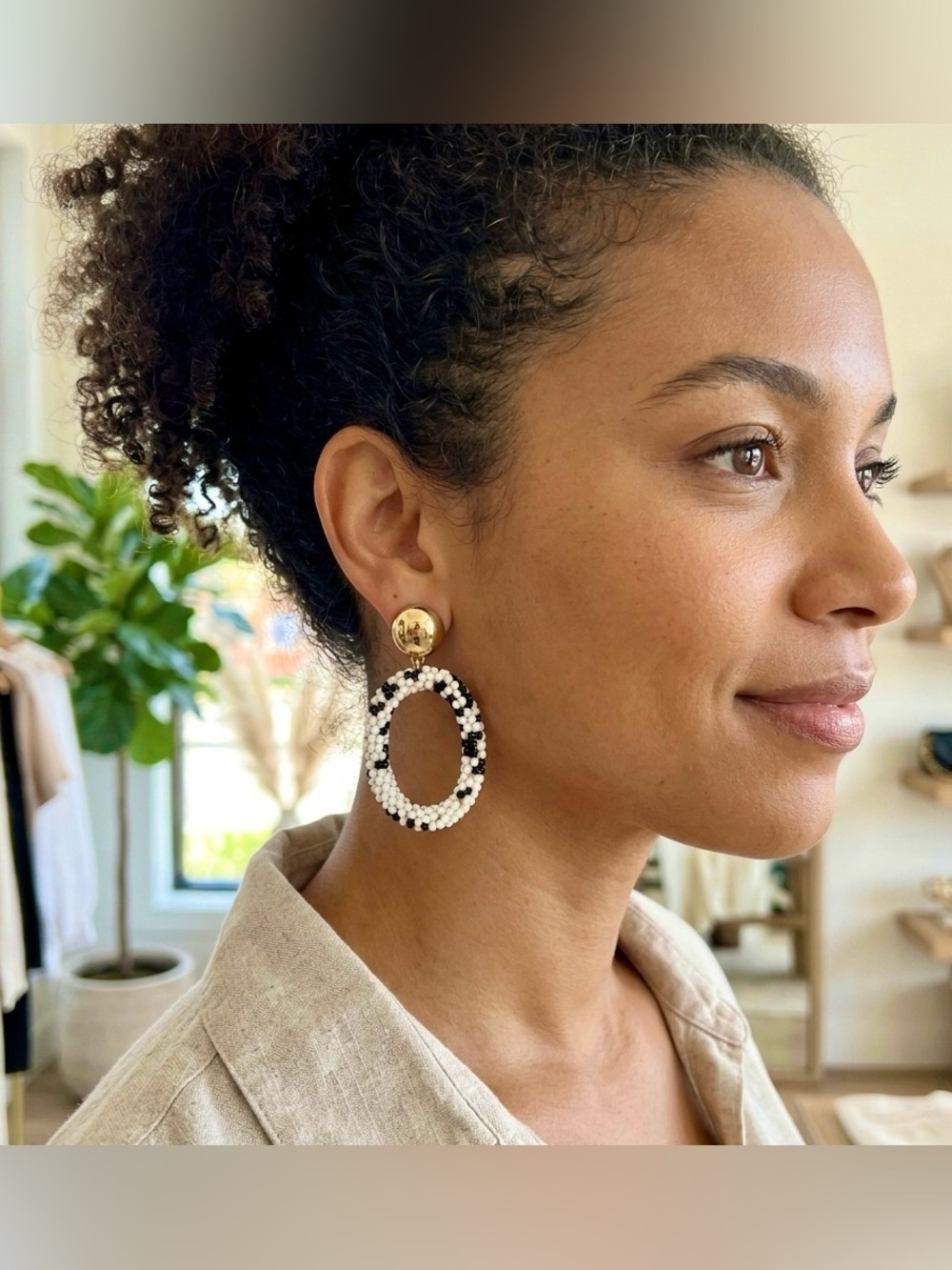 Gorgeous beaded drop earrings with golden button stud. Ships in jewelry box